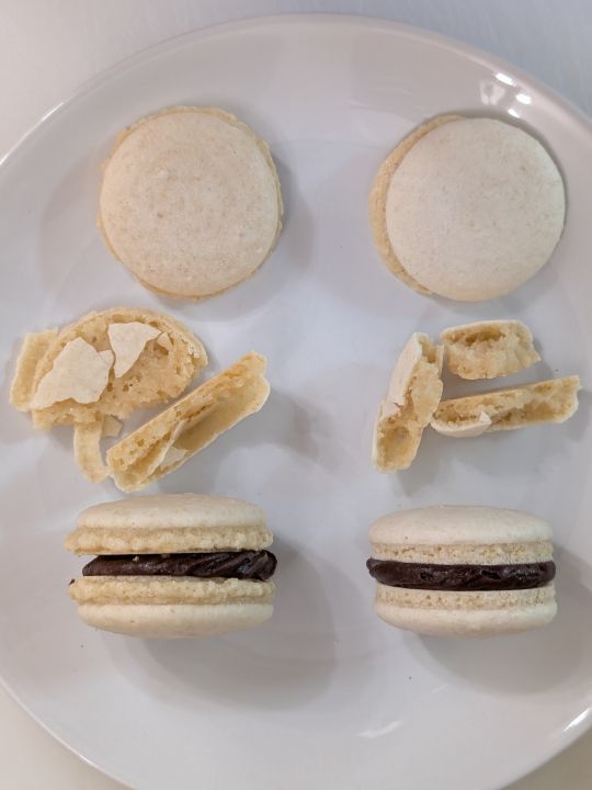 two columns, each with a whole vegan macaron shell, a broken one, and a filled macaron with the right column showing better structural integrity than the left