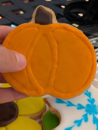 roughly outlined and flooded pumpkin cookie piped without a piping tip