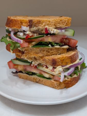 my copycat version of Panera's Mediterranean Veggie Sandwich on Tomato Basil Bread