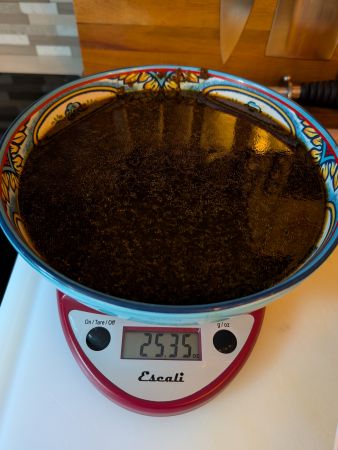thin liquid leftover from my first vbb trial on a scale reading 25.35 oz