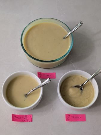 cups of vegan creme anglaise in increasing thickness from L to R, picture 1 of 2
