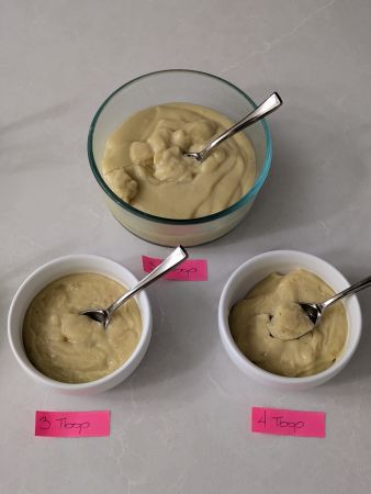 cups of vegan crème anglaise in increasing thickness from L to R, picture 2 of 2